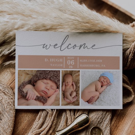 Pastel Wood Photo Baby Welcome Announcement Card 招待状