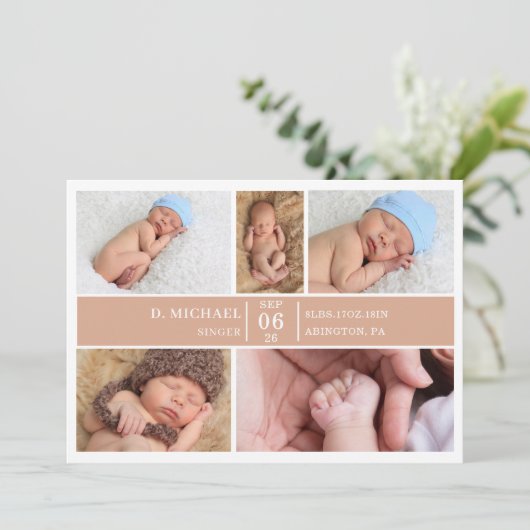 Pastel Wood Photo Collage Baby Announcement Card 招待状 (スタンド正面)