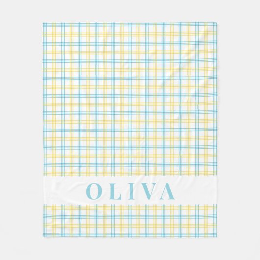 Pastel Yellow Blue Plaid Custom Name フリースブランケット (正面)