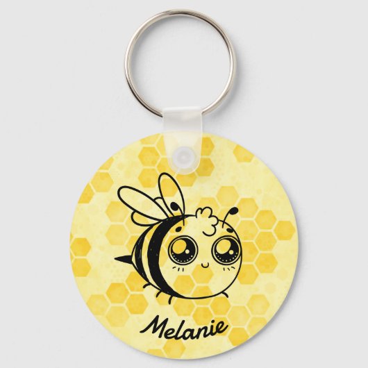 Pastel Yellow Honeycomb and Cute Bee Personalised キーホルダー (正面)
