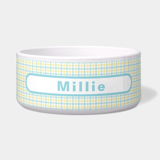 Pastel Yellow Plaid Custom Name Pet Food Water ボウル (正面)
