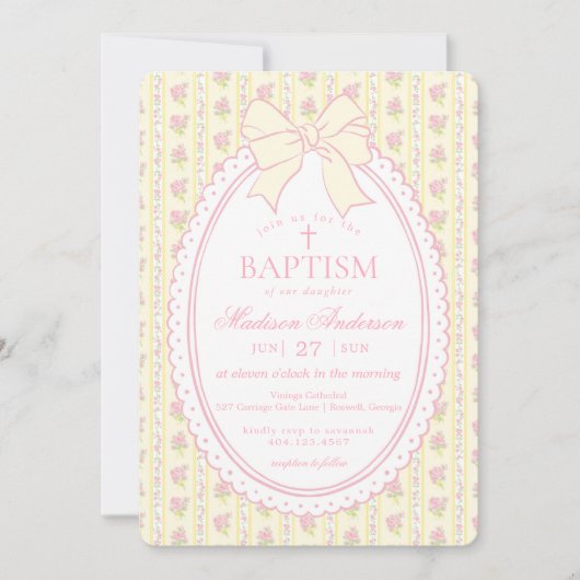 Pastel Yellow Vintage Fancy Floral Baptism 招待状 (正面)