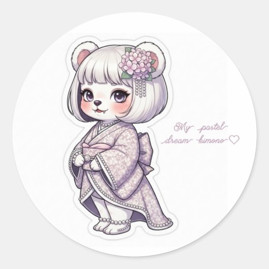 Pastel Yukata Bear - Frilly Purple&Pearl Elegance ラウンドシール (正面)