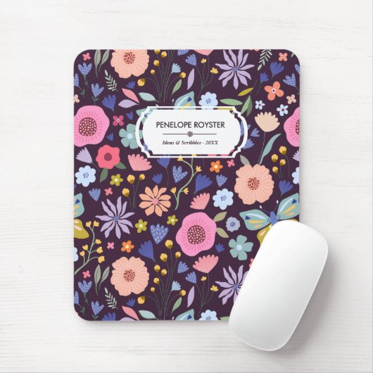 Pastels & Dark Plum Floral Pattern Name Mouse Pad マウスパッド (マウス)