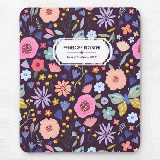 Pastels & Dark Plum Floral Pattern Name Mouse Pad マウスパッド (正面)