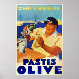 Pastis Olive comme a Marseille 1936 vintage french ポスター