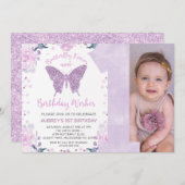 Pastle Purpleグリッターフォトバタフライ1st誕生日 招待状 (正面/裏面)