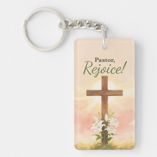 Pastor Easter Rejoice Cross and Lilies Religious キーホルダー (正面)