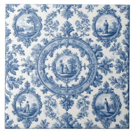 Pastoral Countryside Rural Folks French Toile Blue タイル