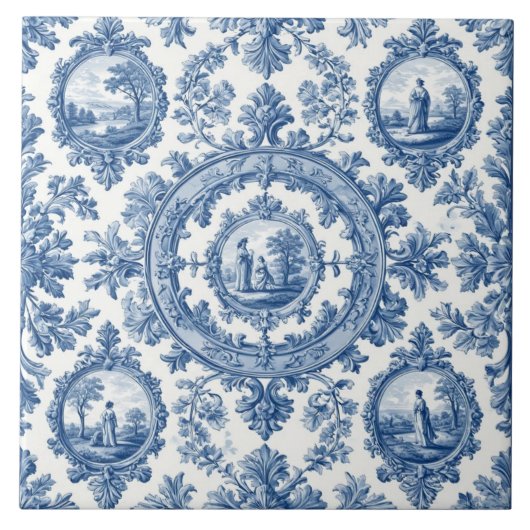 Pastoral Countryside Rural Folks French Toile Blue タイル (正面)