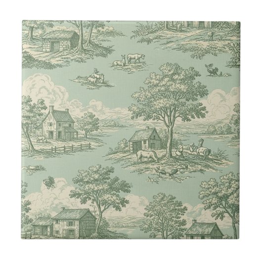 Pastoral Sage Green Toile Countryside Farm Scene 1 タイル (正面)