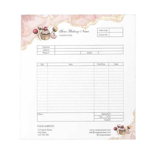 Pastry Cupkakeベーカリー注文型枠請求書メモ帳 ノートパッド (正面)