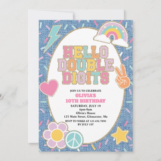 Patch Denim Hello Double Digits 10th Birthday 招待状 (正面)