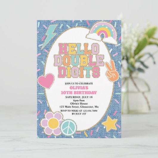 Patch Denim Hello Double Digits 10th Birthday 招待状 (スタンド正面)