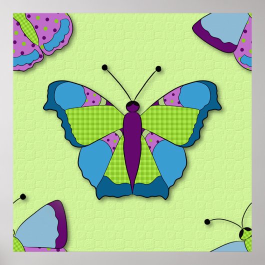 Patchwork Butterfly Pattern on Green ポスター (正面)