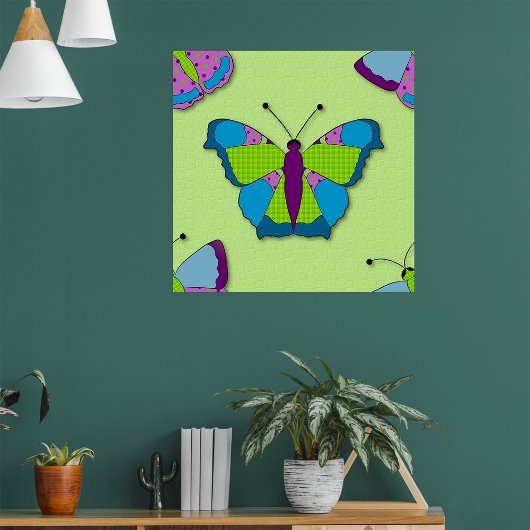 Patchwork Butterfly Pattern on Green ポスター