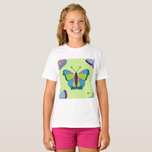Patchwork Butterfly Pattern on Green Tシャツ (正面フル)