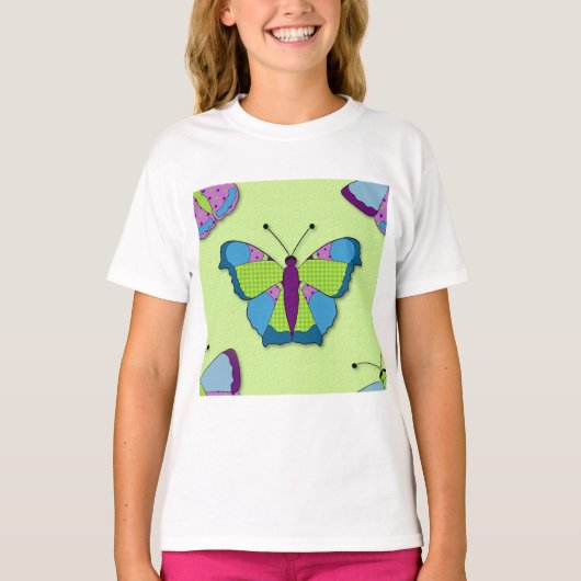 Patchwork Butterfly Pattern on Green Tシャツ (正面)