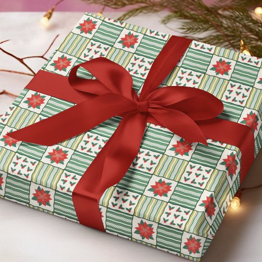 Patchwork Christmas Poinsettia Floral Pattern ラッピングペーパー