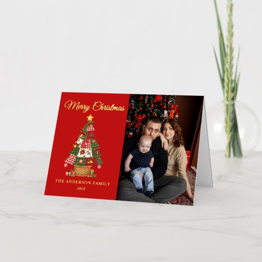 Patchwork Christmas Tree Photo 箔シーズンカード (正面)