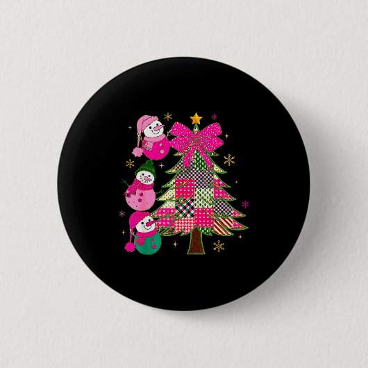 Patchwork Coquette Bow Xmas Snowman Holiday Christ 缶バッジ (正面)