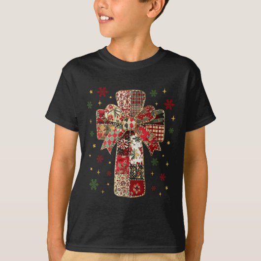 Patchwork Cross Christian Christmas Coquette Bow Tシャツ (正面)
