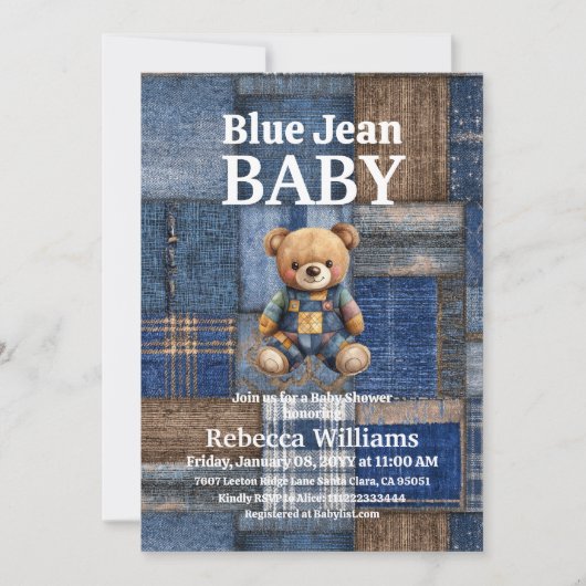 Patchwork Denim Bear Toy Blue Jean Baby Shower 招待状 (正面)