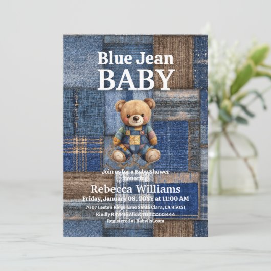 Patchwork Denim Bear Toy Blue Jean Baby Shower 招待状 (スタンド正面)