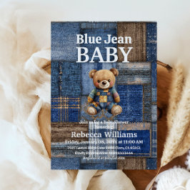Patchwork Denim Bear Toy Blue Jean Baby Shower 招待状