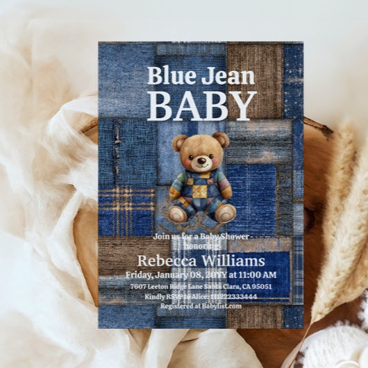 Patchwork Denim Bear Toy Blue Jean Baby Shower 招待状