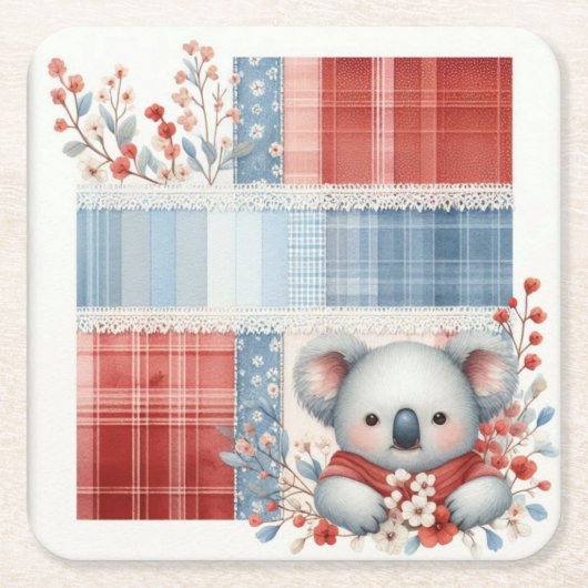 Patchwork Denim Koala Square Paper Coasters スクエアペーパーコースター (正面)