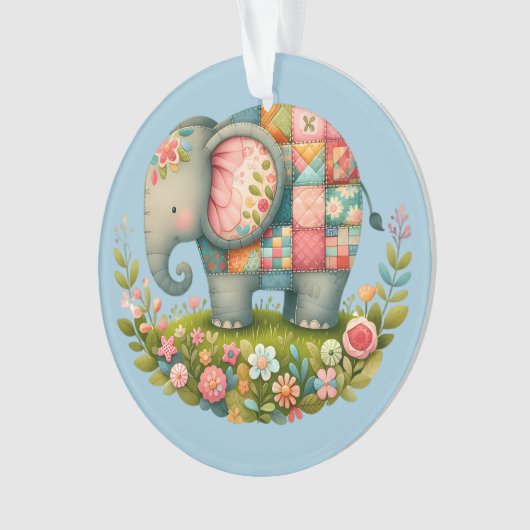 Patchwork Elephant Floral Meadow Charm オーナメント (正面)