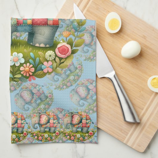 Patchwork Elephant Floral Meadow Charm キッチンタオル (四つ折り)