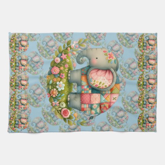 Patchwork Elephant Floral Meadow Charm キッチンタオル (横)