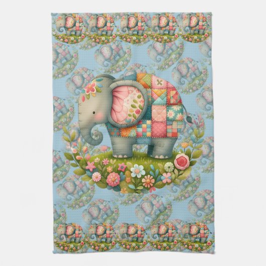 Patchwork Elephant Floral Meadow Charm キッチンタオル (縦)