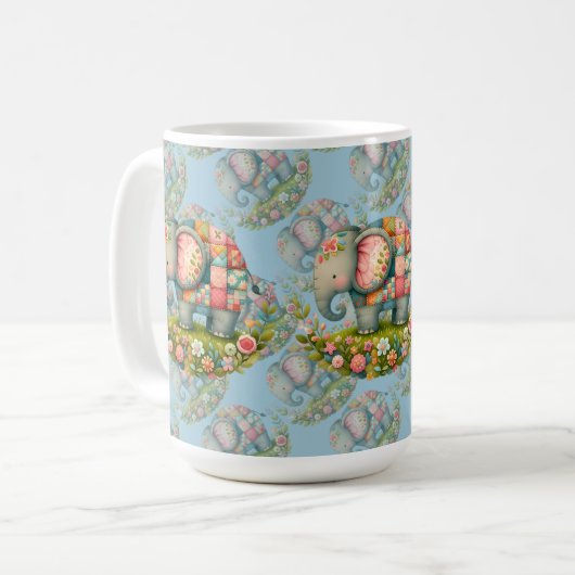 Patchwork Elephant Floral Meadow Charm コーヒーマグカップ (正面左)