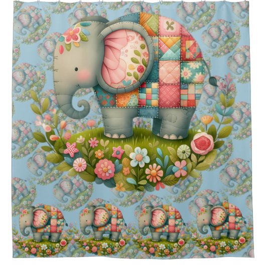 Patchwork Elephant Floral Meadow Charm シャワーカーテン (正面)