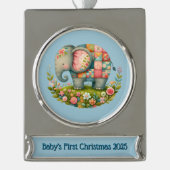 Patchwork Elephant Floral Meadow Charm シルバープレートバナーオーナメント (正面)