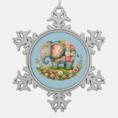 Patchwork Elephant Floral Meadow Charm スノーフレークピューターオーナメント (正面)