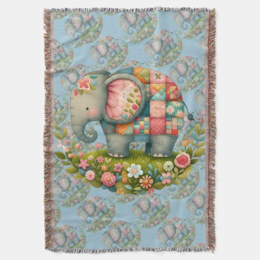 Patchwork Elephant Floral Meadow Charm スローブランケット (正面縦)