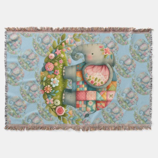 Patchwork Elephant Floral Meadow Charm スローブランケット (正面)