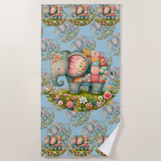 Patchwork Elephant Floral Meadow Charm ビーチタオル (正面)