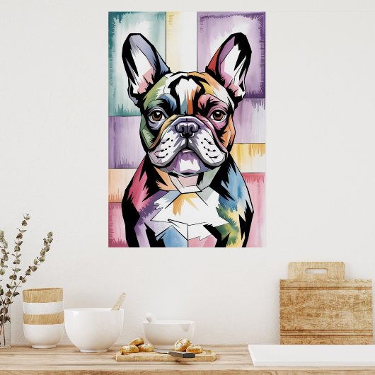 Patchwork Frenchie Geometric Neon French Bulldog ポスター (キッチン)
