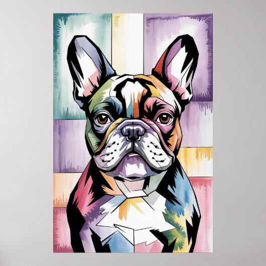 Patchwork Frenchie Geometric Neon French Bulldog ポスター (正面)