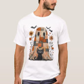 Patchwork Halloween Ghost and Cat , Retro Spooky F Tシャツ (正面)
