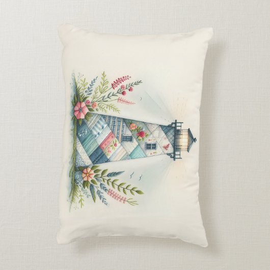 Patchwork Lighthouse Coastal Floral Scene アクセントクッション (裏面(縦))