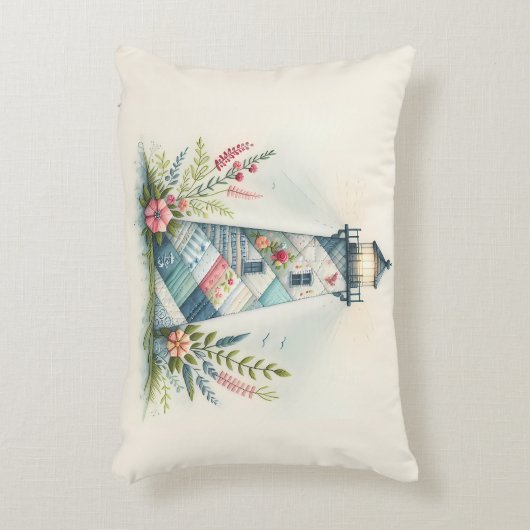 Patchwork Lighthouse Coastal Floral Scene アクセントクッション (正面(垂直))