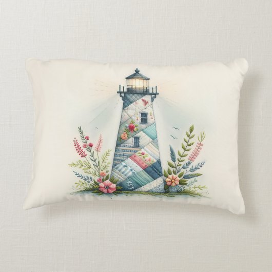 Patchwork Lighthouse Coastal Floral Scene アクセントクッション (裏面)