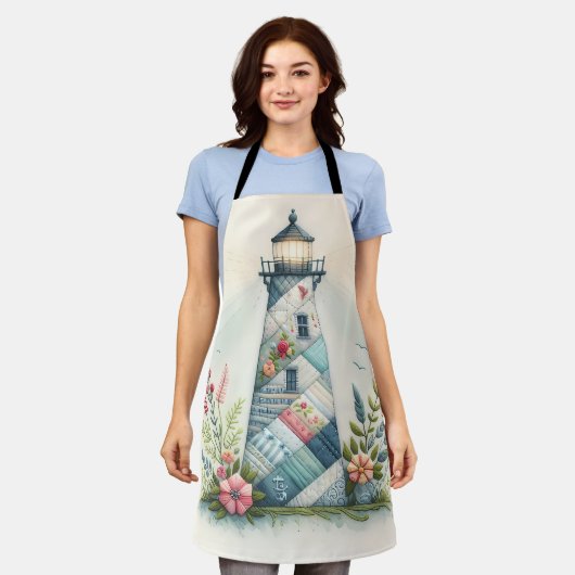 Patchwork Lighthouse Coastal Floral Scene エプロン (着用した状態)