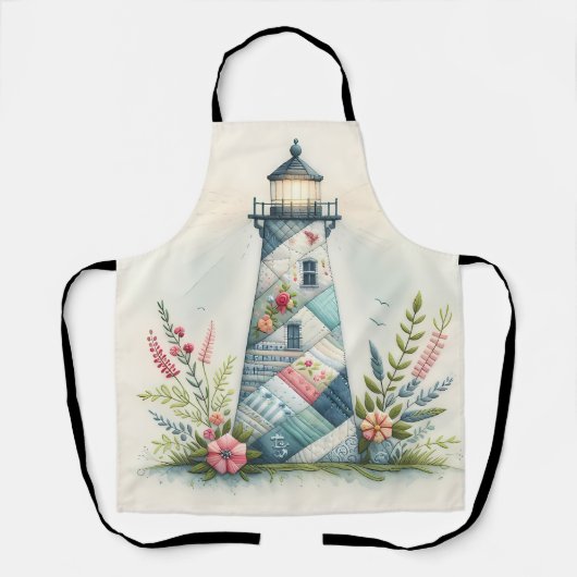 Patchwork Lighthouse Coastal Floral Scene エプロン (正面)